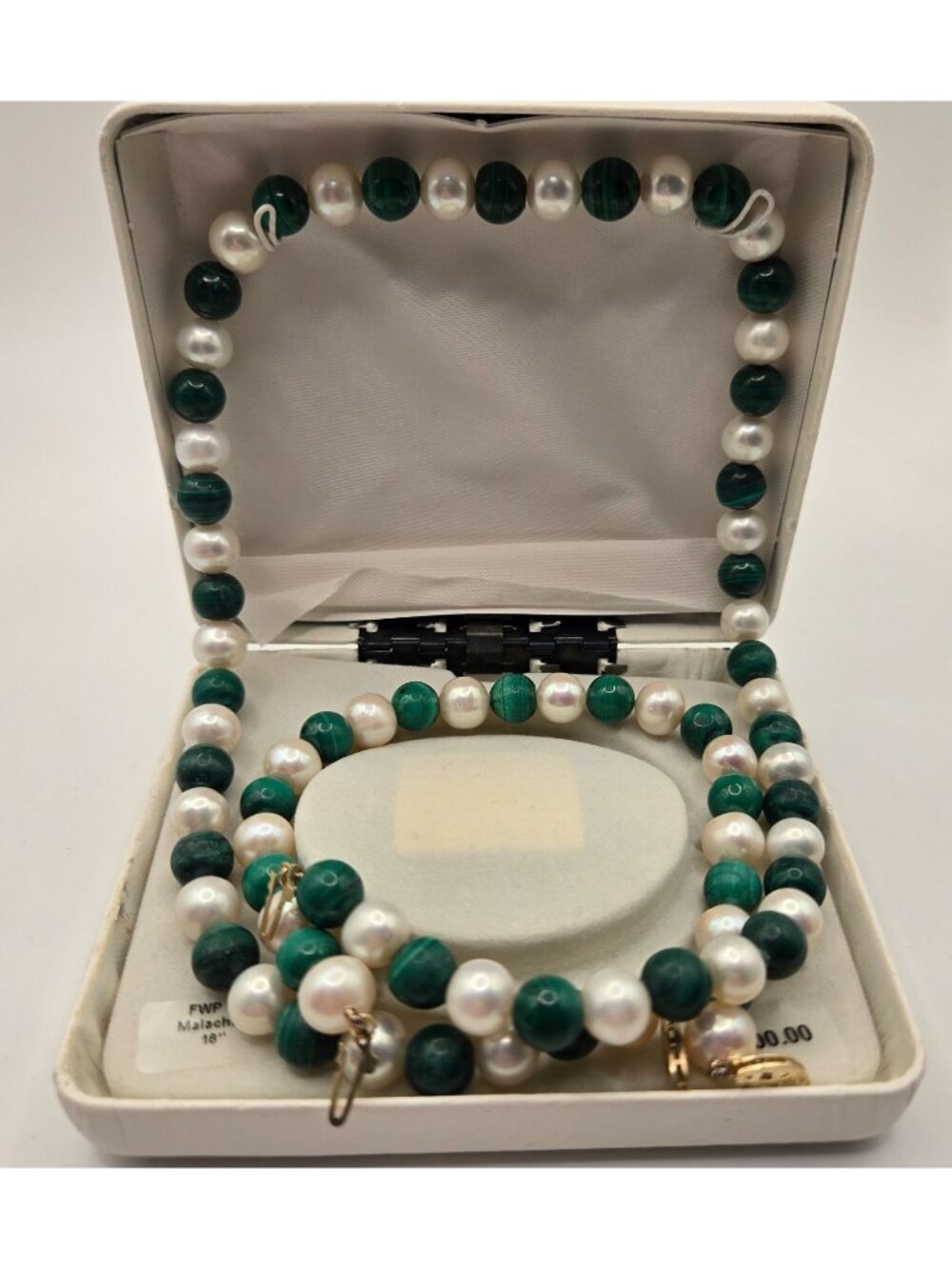 14K Gold Freshwater Pearl Malachite Bead Necklace 18" Bracelet Set 8mm